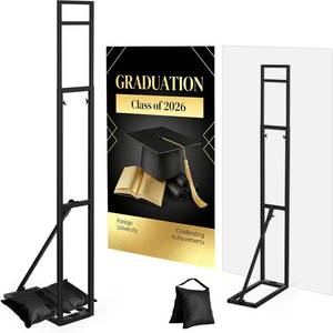 lot 261497 image: Black Metal Graduation Backdrop Stand, Adjustable Height 3.3-6.6 Ft Arch Frame with Foldable Base & Weight Bag, Installation-Free Balloon Floral Arch Stand for Ceremony Prom Birthday Party Decor (1 Pack)