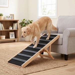 lot 361449 image: Dog Ramp for Couch, 39.4 Dog Ramp, 5 Adjustable Heights 15.2 to 22.5 with Anti-Slip Traction Mat, Wooden Portable Foldable Pet Ramp for Car, Bed, Couch, Max 200lbs