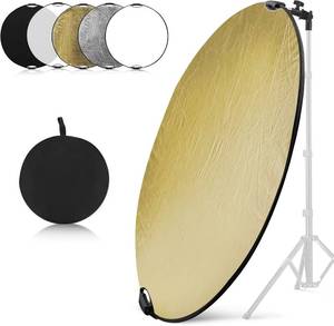 lot 361460 image: Wellmaking 43Inch110cm Photography Light Reflector, Portable Foldable 5 in 1 Diffuser Reflectors with Bag & tilt Adapter for Studio & Outdoor Lighting-Translucent, Silver, Gold, White and Black