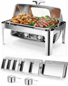 lot 361466 image: Retails for $140 13QT Roll Top Chafing Dishes for Buffet Catering Food Warmer for Parties, Birthday, Wedding, Christmas, 1 Full Size & 2 Half-Size & 3 13 Size Chafing Server Dish, 1 Water Pan-Glass Window