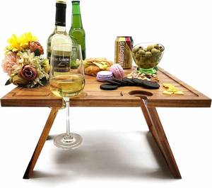 lot 361477 image: Portable Wine Picnic Table, Acacia Wood, Larger Tray Foldable, Charcuterie Board, Wine Gift, Decor for Romantic Camping, Engagement Party, Concerts, Glamping, Winter Adventure