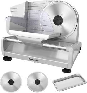 lot 361481 image: Meat Slicer, 200W Meat Slicer Machine for Home, DC Motor Quiet Deli Slicer with 2 Removable 7.5 Stainless Steel Blades, Adjustable Dial for 0-15mm, Electric Food Slicer for Meat, Cheese, Bread