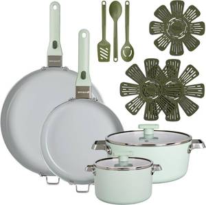 lot 361484 image: Retails for $108 GoodCook Ceramic Cookware Set 14-Piece with Removable Handles, Nonstick Pots & Pans, Induction & Oven Safe, Sage Green