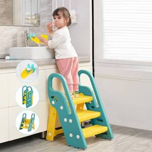 lot 461322 image: Onasti Foldable Toddler Step Stool for Bathroom Sink, Adjustable 3 Step Stool for Kids Toilet Potty Training Stool with Handles, Child Kitchen Counter Stool Helper, Plastic Ladder for Toddlers Green