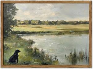 lot 461323 image: Framed Vintage Hunting Black Dog Wall Art, Rustic Country Nature Landscape Pictures Wall Decor, Farmhouse Animal Paintings Canvas Prints Aesthetic Home Decor for Living Room Bedroom 16x24 inch