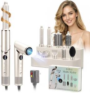 lot 461326 image: Retails for $129 8 in 1 Hair Dryer Brush Multi Hot Air Styler with Auto Wrap Curler, 1.25 Inch Curling Iron, Fast Drying Foldable 110,000 RPM Blow Dryer Brush for Women Volumizing, Curling, Straighten, Frizz-Free