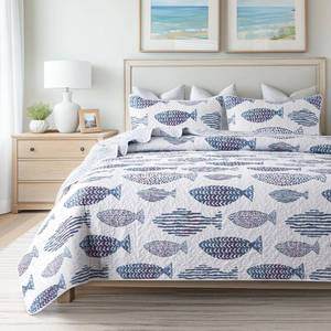 lot 461330 image: SLPR Sea of Dreams 2-Piece Quilt Set - Twin Size with 1 Sham, Blue and White Ocean-Inspired Bedding Set, Nautical Fish Design, Lake Themed Coastal Quilted Bedspread for Modern Maritime Decor