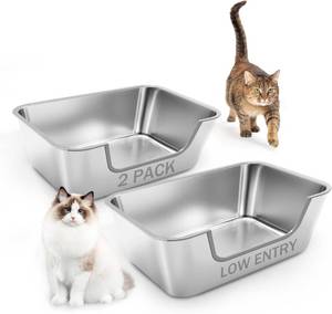 lot 461356 image: 2 Pack Stainless Steel Cat Litter Box with Low Entry,Litter Pan for Big Kitty and Multiple Cats,Easy to Clean,Non-Stick,Odor-Free,Suitable for Kittens,Senior Cats and Injured Pets,23.6x15.7x5.9