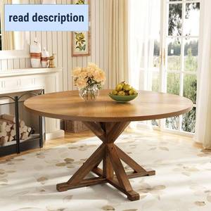 lot 452060 image: Retails for $370 59 Solid Wood Round Dining Table for 6-8, Wooden Trestle Pedestal Base, Rustic Round Dining Room Table for Home Dining Room, Kitchen, Living Room