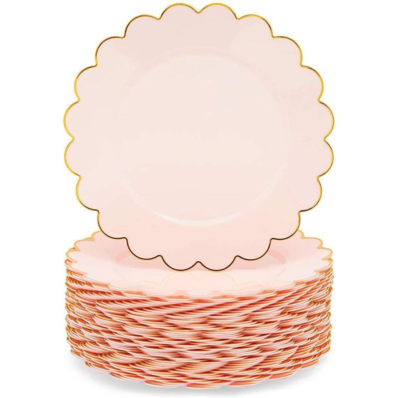 lot 44224 image: Sparkle and Bash Pink Plastic Plates for Party, 20-Pack - 9 in Pink & Gold Glossy Scalloped Edge - Disposable Heavy-Duty Fancy Plates for Birthday & Baby Shower - Retail $35
