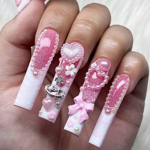 lot 31880 image: FOXIIU Press on Nails Long Coffin Shaped Glossy Full Cover Acrylic Long Length French False Nails with Designs Artificial Long Square Fake Nails with Charms Glue ons Fingernails for Women(GZ1033) - Retail $9