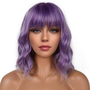 lot 31897 image: LANCAINI Short Bob Wigs with Bangs for Women Loose Wavy Wig Curly Wavy Shoulder Length Bob Synthetic Cosplay Wig for Girl Colorful Costume Wigs (Violet) - Retail $26