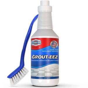 lot 31933 image: Clean-eez Grout-eez Tile Cleaner with Handheld Brush 32 oz Heavy-Duty Stain Remover for Ceramic and Porcelain Surfaces Safe for Colored Grout Not for Natural Stone Bathroom & Kitchen Use - Retail $23