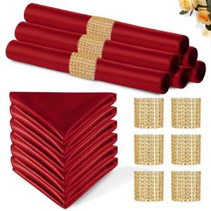 lot 31948 image: Eychei Red Satin Napkins and Napkin Rings Set,12 x 12 Inch Silky Soft Cloth Napkins ,Square Satin Dinner Table Napkins Bulk for Wedding Banquet Restaurant Graduation Party Decoration - Retail $23