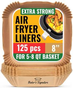 lot 32742 image: Air Fryer Paper Liners, 125Pcs Air Fryer Disposable Liners, Non-Stick and Oil Proof for Easy Cleanup, 8 Square for 5-8 qt Basket by Bakers Signature - Retail $10