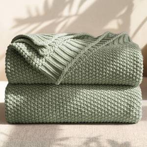 lot 32748 image: Blunique 100% Cotton Cable Knit Throw Blanket, Lightweight Soft Knit Blanket for Sofa Couch Bed, Breathable All-Season Throw, Cozy Decorative Blanket, 50 x 60 Inch,Sage - Retail $43