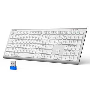 lot 32764 image: TECKNET Bluetooth Keyboard Rechargeable, 4-Device Free Switching (2.4GBT), Ultra-Slim Full Size Wireless Keyboard, Quiet Typing, for PCLaptopSmart TVPhone, Adjustable Stand, 12 Multimedia Keys - Retail $34