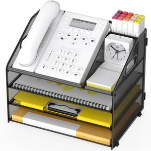 lot 32772 image: OrgMate Letter Tray Paper, 4 Tier Desk Organizer with Pen Holder and Handle Mesh File Organizer Paper Sorter Metal Desktop Document Shelf for Office Home Classroom -Black - Retail $16