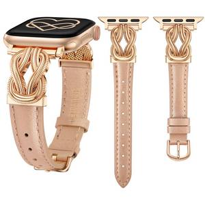 lot 33462 image: Wearlizer Leather Band Compatible with Apple Watch Bands for Women 40384142mm Dressy Slim Bracelet with Designer Interlock Metal Buckle for iWatch Series 11 10 9 8 SE 7 6 5 SE 4 3 2 1 Rose Gold - Retail $17