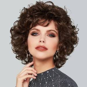 lot 33471 image: Kaneles Women Short Brown Curly Wig with Bangs Shoulder Length Naturel Halloween Bob Hair Wigs for Women Daily Party Use - Retail $22