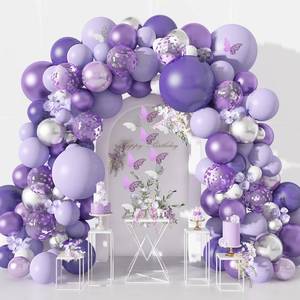lot 33472 image: Amandir  Purple Balloons Garland Arch Kit for Butterfly Baby Shower Decorations for Girl, Butterfly Stickers Lavender Purple Confetti Metallic Balloon for Birthday Wedding Party Decoration - Retail $10