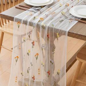 lot 33489 image: Boao 1 Pc Wildflower Table Runner Embroidery Tulle Spring Summer Table Runner 120 Inch 10 ft Kitchen Dining Decoration for Wedding Baby Shower Bridal Shower Home Decor Birthday Party (Ivory) - Retail $14