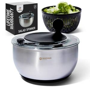 lot 45393 image: Nestware Kitchen Stainless Steel Salad Spinner, Lettuce, Vegetable & Fruit Dryer, 5L Capacity, Non-Slip Base (304 Stainless Steel - Black) - Retail $33