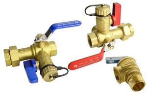 lot 45413 image: HYDRO MASTER Tankless Water Heater Service Valve Kit with Pressure Relief Valve 34-Inch IPS Isolator Clean Brass - Retail $60