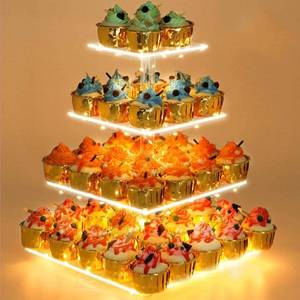lot 45424 image: YestBuy Cupcake Stand with Yellow Led Lights, 4 Tier Cupcake Stand for 50 Cupcakes, Acrylic Cupcake Tower Stand, Clear Tiered Cupcake Holder for Birthday Cady Bar D�cor Weddings, Parties Events - Retail $20