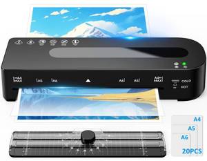 lot 45437 image: Laminator Machine, A4 Laminators Hot & Cold with 20 Laminating Sheets and Trimmer, 9 Inch Laminating Machine for Office, School, Business and Home - Retail $40