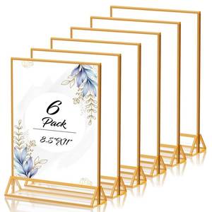 lot 45438 image: PPH-Sisy Acrylic Sign Holder 8.5X11 Gold Picture Frame Double Sided Acrylic Frame Plastic Sign Holder Display Stand for Wedding Table Numbers Menu Holder (6 Pack) - Retail $28