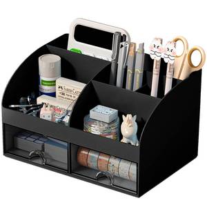 lot 45457 image: COMFYROOM Desk Organizer with 6 Compartments and 2 Drawers, Plastic Makeup Organizer, Pen Holder for Desktop Storage, Desk Organization for School, Home, Office Supplies (Black) - Retail $13