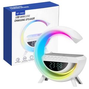 lot 45458 image: LAWYUAN Smart Alarm Clock with Wireless Charging, 9.45 RGB Night Light Table Lamp, Bluetooth Speaker, Sound Machine, Sunrise Wake Up Light, Dimmable LED Lamp for Bedroom, Home Office, Dorm - Retail $20
