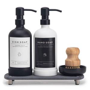 lot 45462 image: Kitchen Soap Dispenser Set - 16OZ Glass Bottle, Stainless Steel Pump, Instant Dry Tray, Waterproof Labels, Non-Slip Silicone Pad, and Dish Brush  Upgrade for Your Kitchen and Bathroom - Retail $33