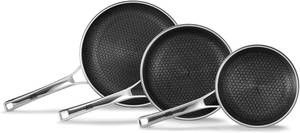 lot 45463 image: OATOFP Non Stick Frying Pans Set, Hybrid Skillet Set Nonstick (81012inch), Pans for cooking, PFOA Free Stainless Steel Kitchen set, Dishwasher-Safe Cookware - Retail $70