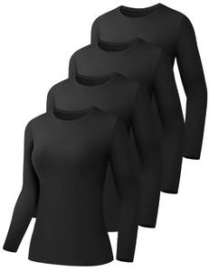 lot 45466 image: HOPLYNN 4 Pack Womens Long Sleeve Shirts Crew Neck Basic Compression Slim Fitted Workout Undershirts Baselayer Tops 4 Black Large - Retail $27