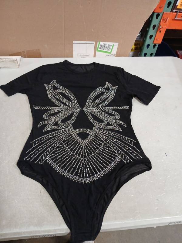 lot 52048 image: Black Sheer Shortsleeve Bodysuit with Rhinestone Design Featured on Front and Back-Lg