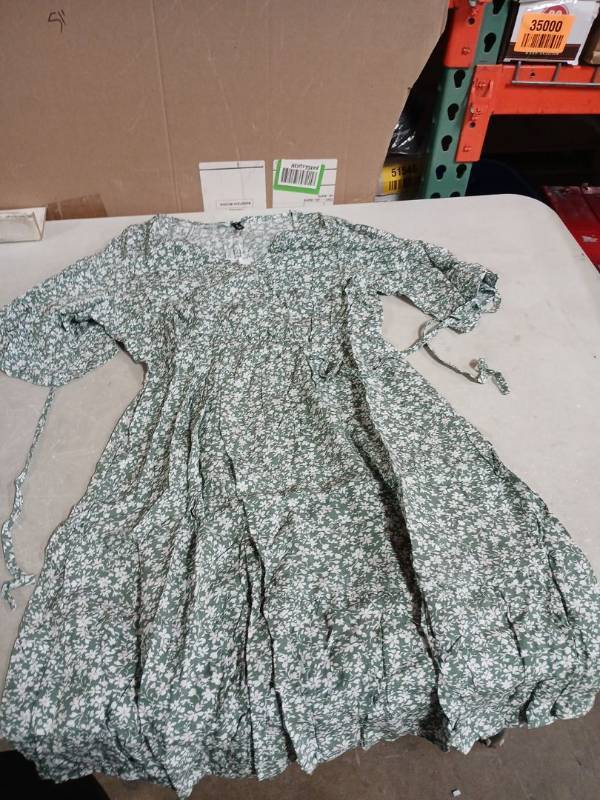 lot 52112 image: Green Floral Prairie Dress with Tie Sleeve-S