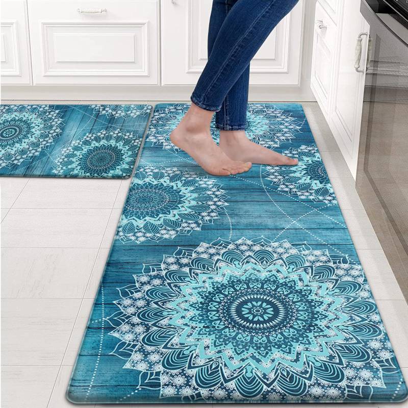 lot 48719 image: FRAMICS Kitchen Mats for Floor 2 Piece, Waterproof Non Slip, Memory Foam Cushioned, Floral Kitchen Rugs Set, Teal 17.33017.347