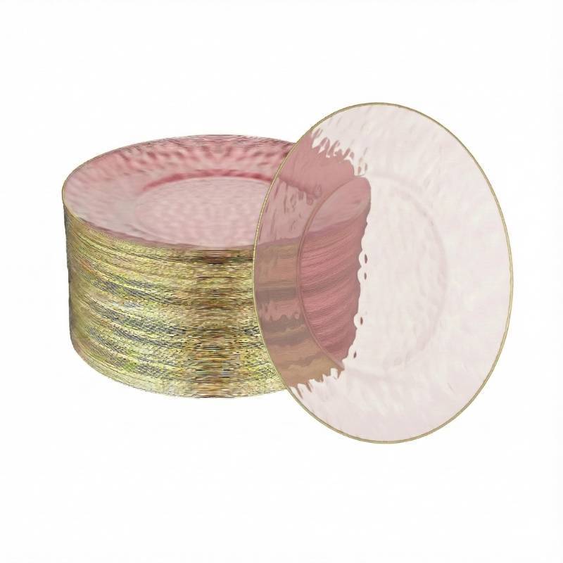 lot 50748 image: R-kay 100 Pack Pink Plastic Plates - 6.25 IN Hammered Gold Rimmed Sturdy, Durable And Extra Heavy duty Pink And Gold Plastic Dessert Plates Disposable - Appetizer Plates Disposable For All Occasions - Retail $20