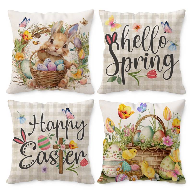lot 58708 image: Unibyby Easter Pillow Covers 18x18 Set of 4 Easter Throw Pillow Covers with Bunny and Eggs Spring Home Decor Buffalo Check Plaid Pillowcase Square Cushion Covers for Sofa Bed Couch - Retail $10