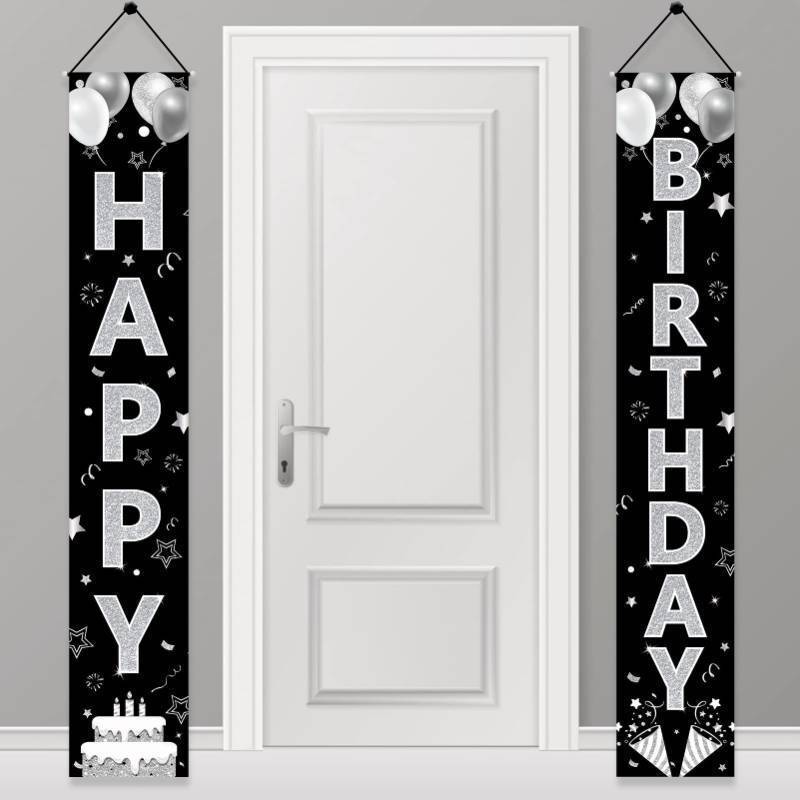 lot 41295 image: Black Silver Happy Birthday Party Supplies, Porch Sign & Backdrop Decor for Men Women, 16th to 90th Birthdays - Retail $13