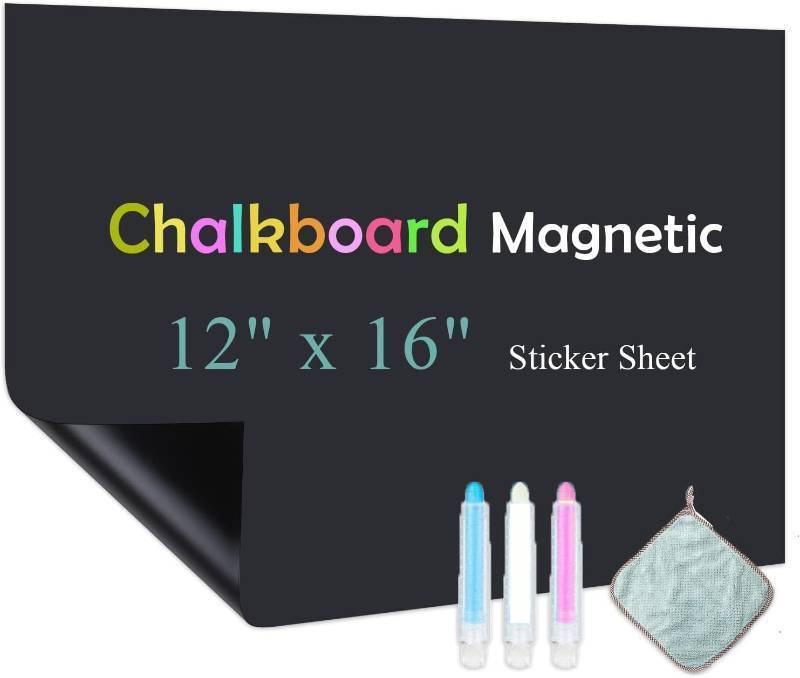 lot 41520 image: Qiytecno Chalk Board Sticker for Wall, 12 x 16 Magnetic Contact Paper with Adhesive, Black Wall Decal Magnetic Sheets Roll for Office School Kids, Includes Chalks Markers, Dishcloth and Magnets - Retail $14