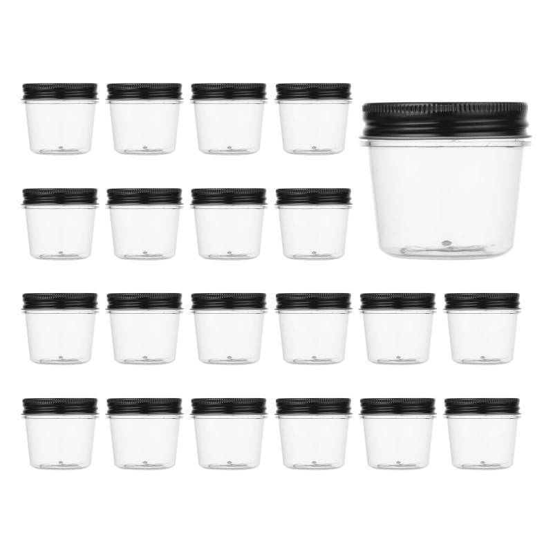 lot 45567 image: novelinks 4 oz Small Plastic Jars with Lids, 20 Pack Mini Plastic Mason Jars with Lids 4oz, Craft Storage Containers & Canning Jars & Small Spice Jars for Kitchen Organization (20 Pack,Black) - Retail $19