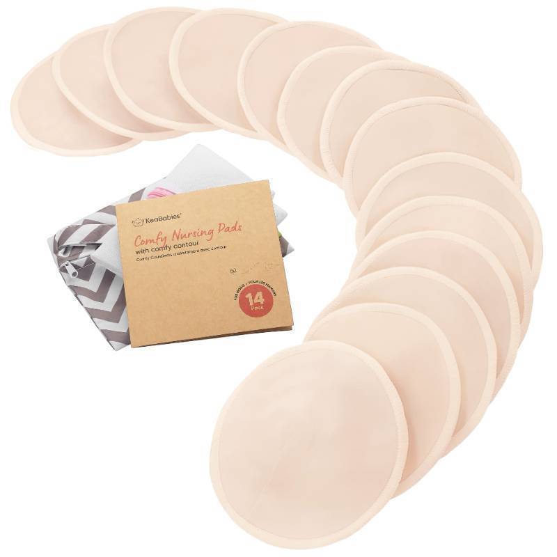 lot 50231 image: Organic Nursing Pads - 14 Washable Breast Pads for Breastfeeding, Wash Bag, Viscose Derived from Bamboo Reusable Nipple Covers for Breastfeeding Essentials, Soft & Absorbent (Bare Beige, XL 5.5) - Retail $17