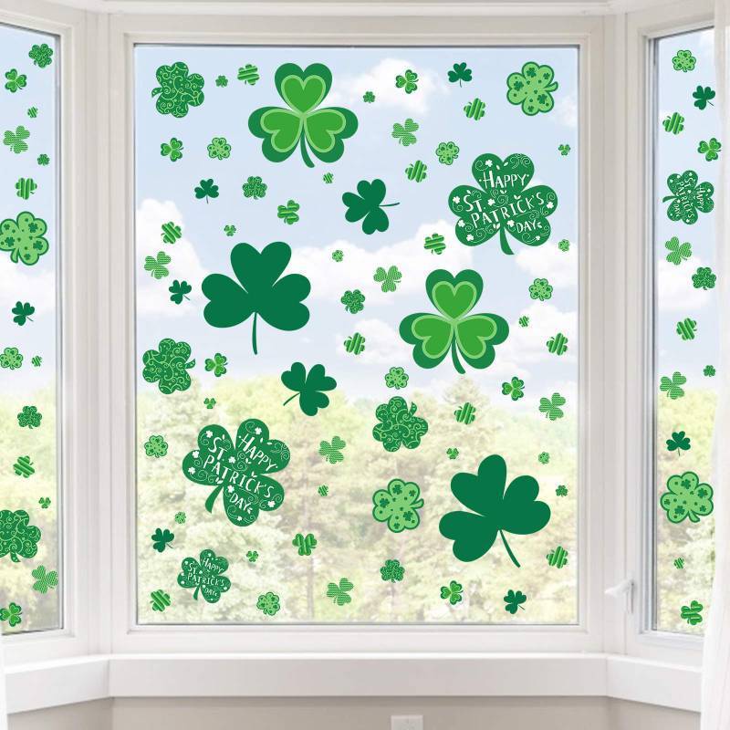 lot 33378 image: St Patricks Day Window Clings, 109 Pcs Shamrock Window Stickers for St Patricks Day Decorations - Retail $10