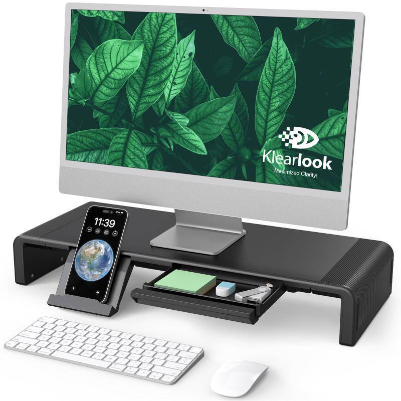 lot 45820 image: Klearlook Computer Monitor Stand for Desk, Adjustable Foldable Monitor Riser with Storage Drawer & Tablet Phone Holder for Office, Home, Laptop, Desktop (Black) - Retail $33