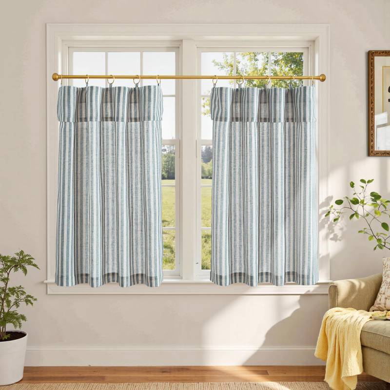 lot 45835 image: Jinchan Striped Linen Kitchen Curtains with Attached Valance 36 Inch Length Cafe Tier Curtains for Living Room Rustic Half Window Light Filtering Rod Pocket Small Drapes 2 Panels Blue - Retail $26