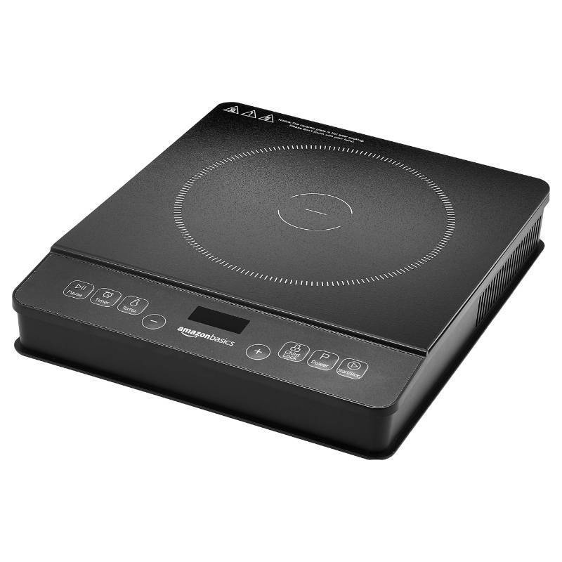 lot 45838 image: Amazon Basics 1800W Portable Electric Induction Cooktop, Burner and Child Lock, Overheat Protection, Timer, 8 Power Settings, Temperature Control Up to 440°F, for Cookware Diameter 5.7-8.2 , Black - Retail $53
