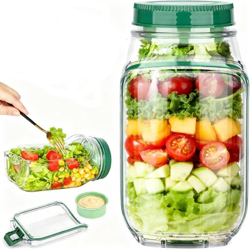 lot 50992 image: ECHBX Salad Jar with Side Opening Meal Prep, Leakproof Salads Jar Container Pod for Lunch On-The-Go, Clear Food Salad Storage Container for Travel, Camping, Picnic - Green